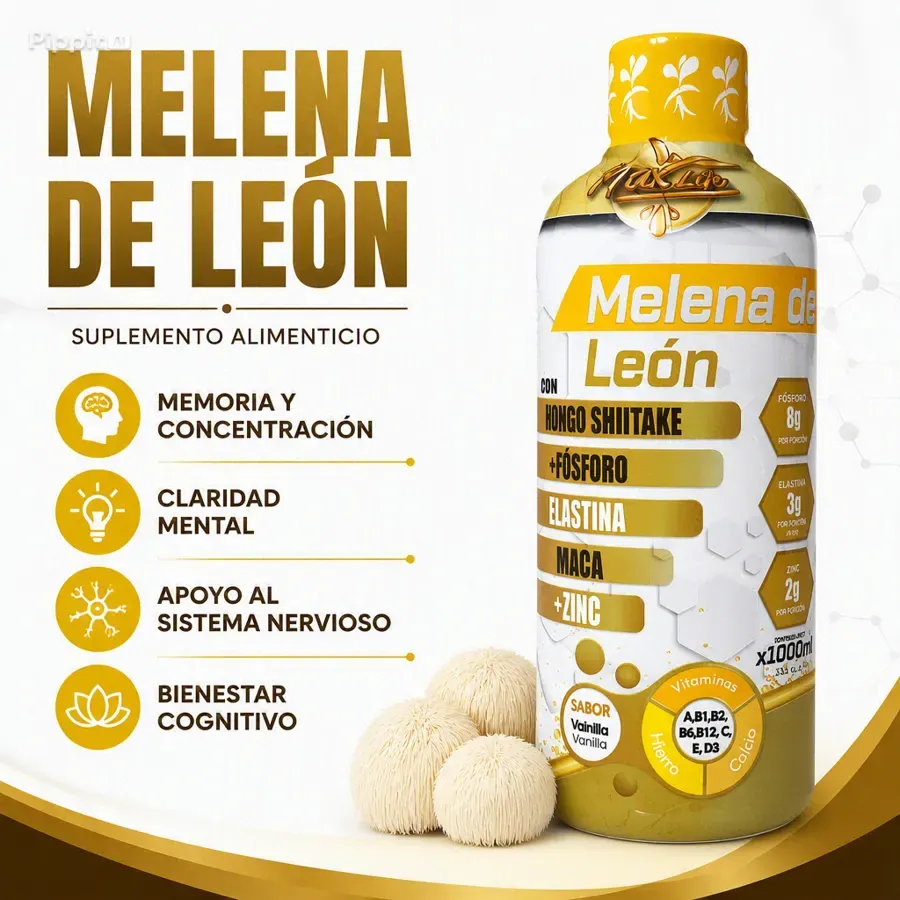MELENA DE LEÓN + MACA + ZINC 1000ML · ENERGÍA Y MEMORIA BEBIBLE
