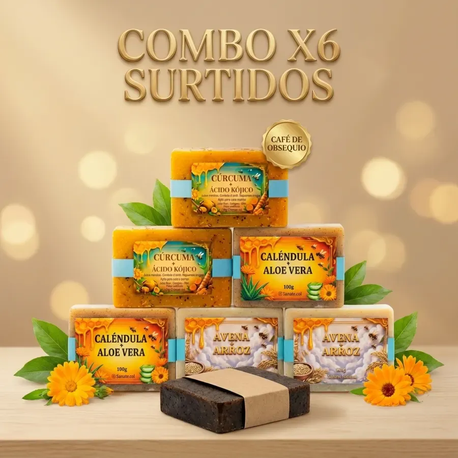 COMBO X6 JABONES SURTIDOS + JABÓN DE CAFÉ 50g DE OBSEQUIO